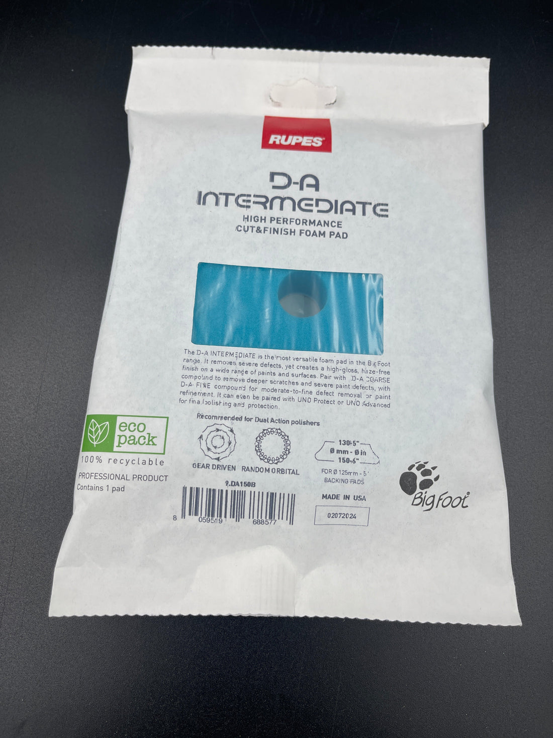 RUPES D-A Intermediate Foam Pad 5" Lite Blue packaging on a dark surface.