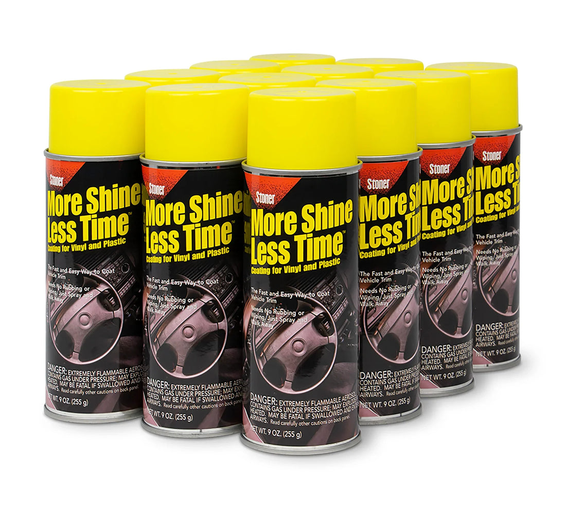 Stoner More Shine Less Time spray cans for restoring and protecting vinyl, plastic, and rubber automotive trim