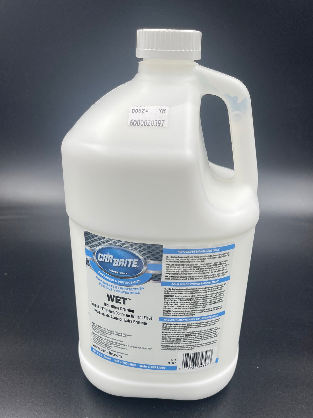 Carbrite Wet High Gloss Dressing 1Gal bottle for vinyl, rubber, plastic surfaces.