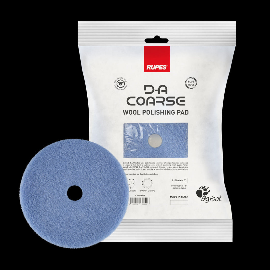 Rupes Blue Coarse Wool Polishing Pad 80-90 mm for swirl and scratch removal.