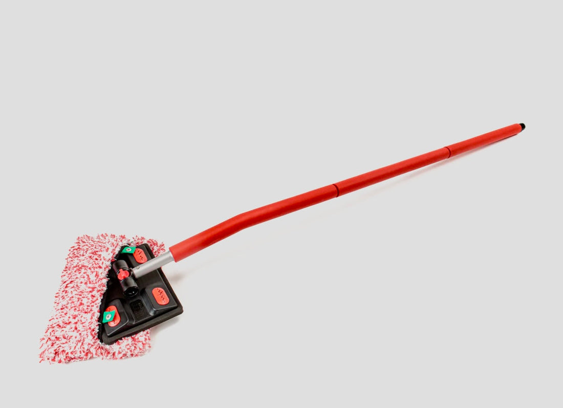 AutoFiber Microfiber Mitt Pro + in red, featuring a long, multi-angle head for cleaning large vehicles.