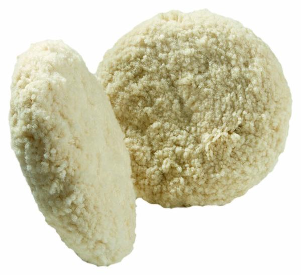 Buff and Shine white wool double-sided pad 8 inch with plush fibers and durable backing.