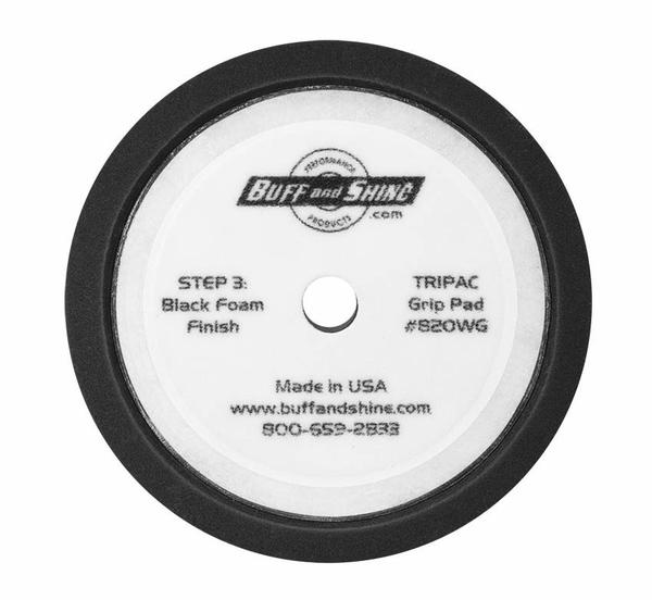 Buff and Shine black finishing waffle foam pad with recessed backing, 8-inch diameter.