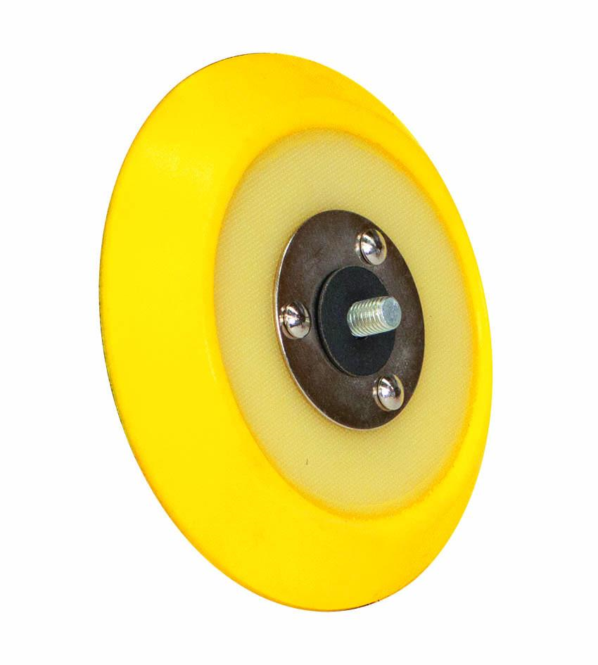 5-inch Porter Cable backing plate with flexible edges and male threads, ideal for buffing with foam pads.