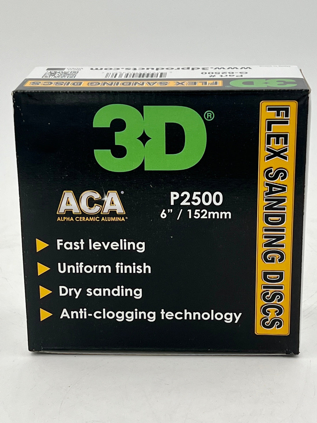 3D ACA Grey Flex P2500 6" sanding disc packaging featuring Alpha Ceramic Alumina technology.