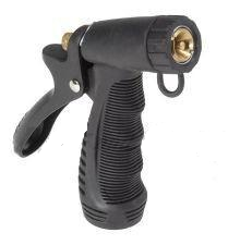 Durable water nozzle with rubber encasing and brass tip.