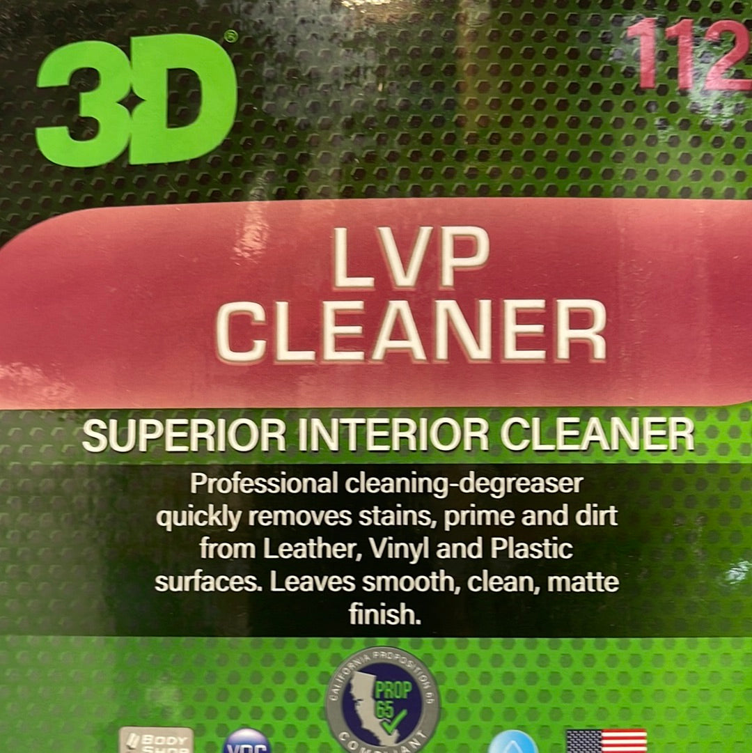 3D LVP Cleaner 5 Gal label featuring superior interior cleaner for leather, vinyl, and plastic surfaces.