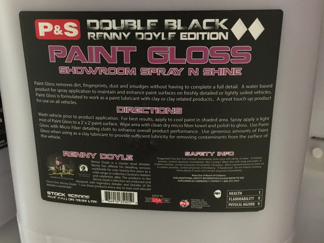 Paint Gloss Showroom Spray N Shine 5 Gal container with product details and directions.