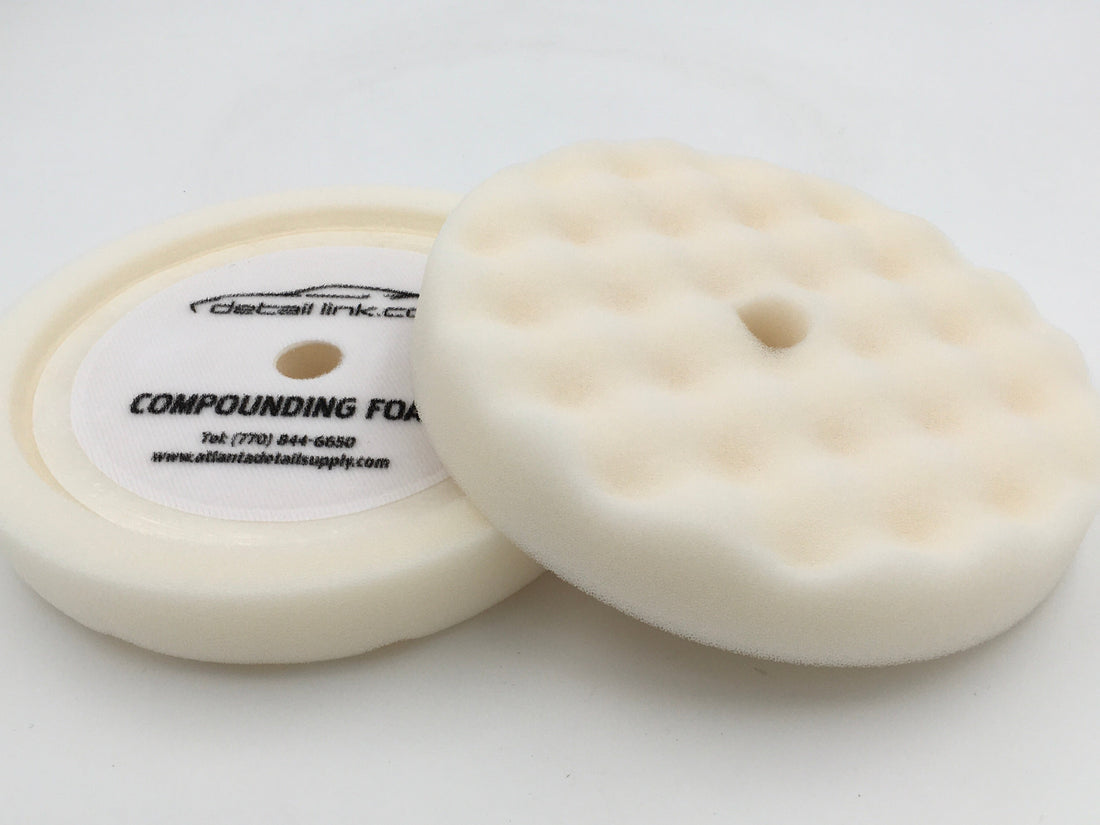 Buff and Shine White Coarse Waffle Face Foam Pad, 8-inch with recessed backing.