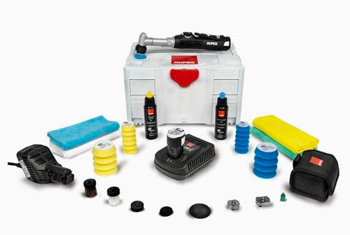 Rupes BigFoot iBrid Nano Polisher Long Neck DLX Kit with accessories and charging station.