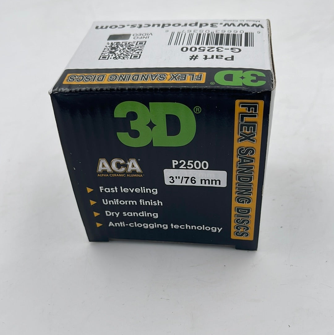 3D ACA Gray Flex P2500 sanding disc box, sleek design featuring product details and branding.