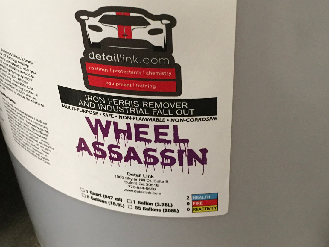 Wheel Assassin Iron Remover 5 Gallon container for vehicle decontamination.