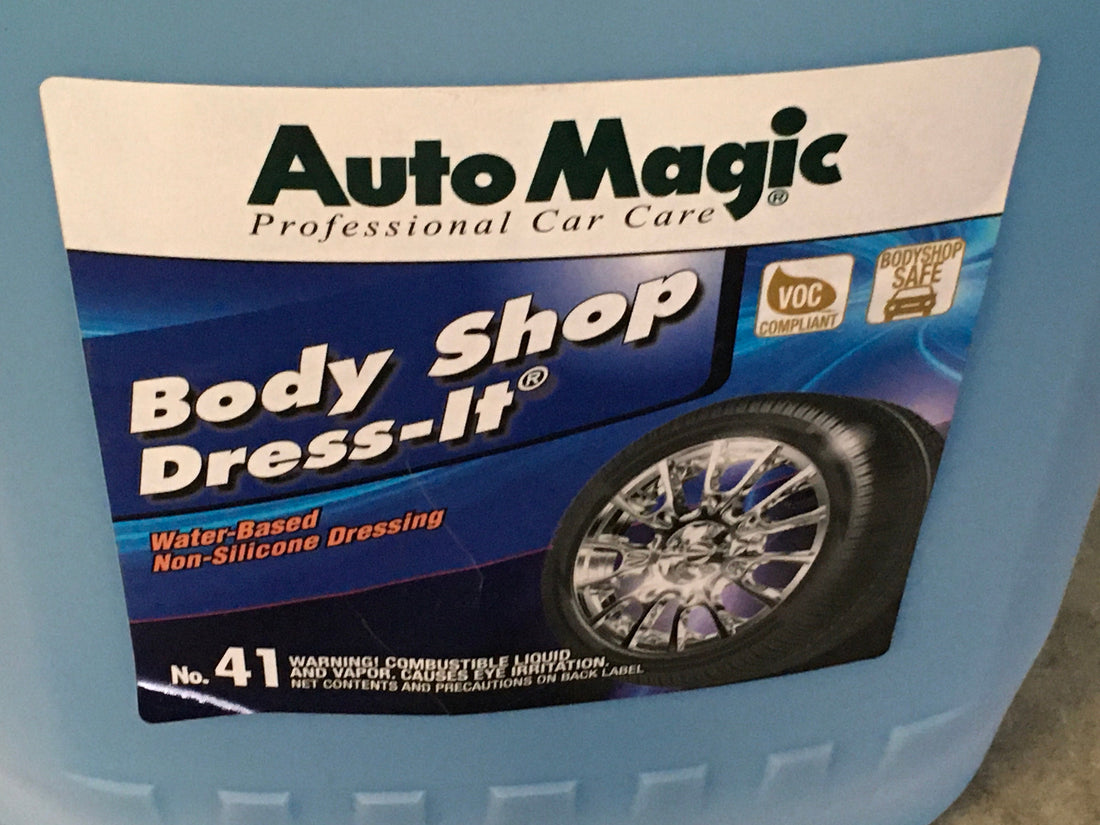 AutoMagic Body Shop Dress-It 5 Gallon water-based tire dressing container.