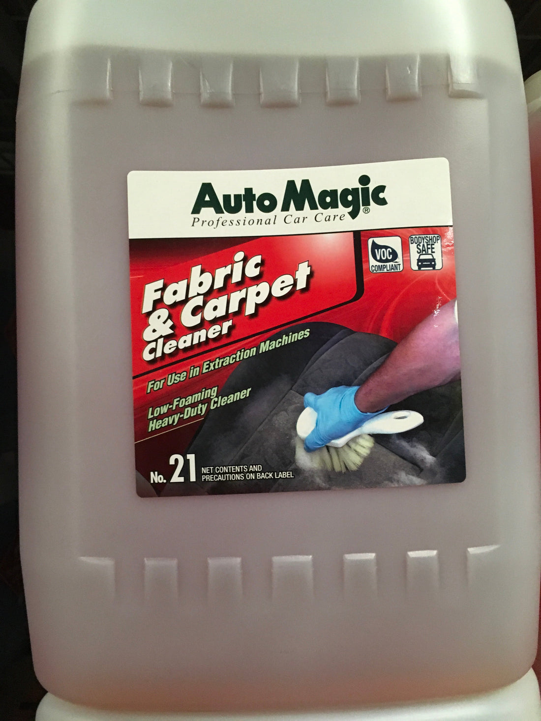 AutoMagic Fabric and Carpet Cleaner 5 Gal, low-foaming heavy-duty interior cleaner for carpets and fabrics, ideal for extraction machines.