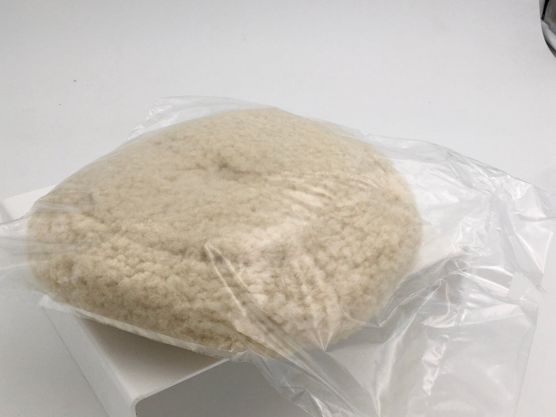 Buff and Shine 100% natural white wool pad, 7.5 inch twist grip, in packaging.