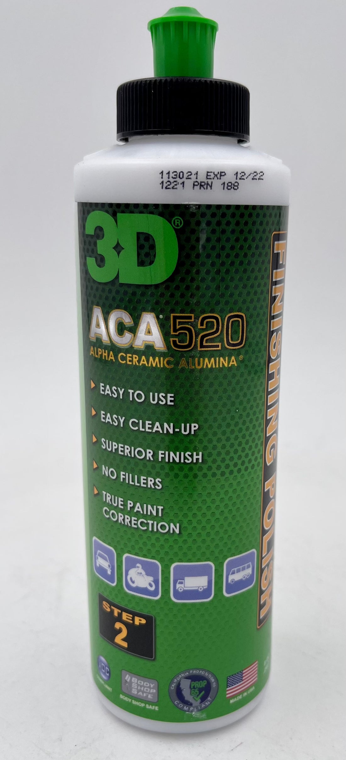 3D ACA 520 Finishing Polish 8 oz bottle with product features and Alpha Ceramic Alumina technology.