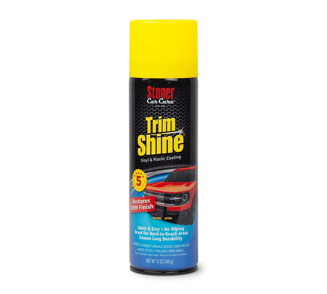 Stoner Trim Shine 12oz spray restores and protects vehicle trim, vinyl, and plastic with UV protection and no wiping needed