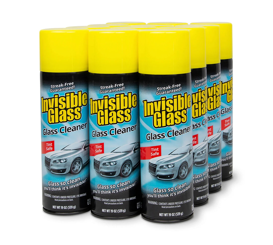 Stoner Invisible Glass Cleaner 19oz cans with yellow caps, streak-free formula for tint-safe, residue-free glass cleaning.
