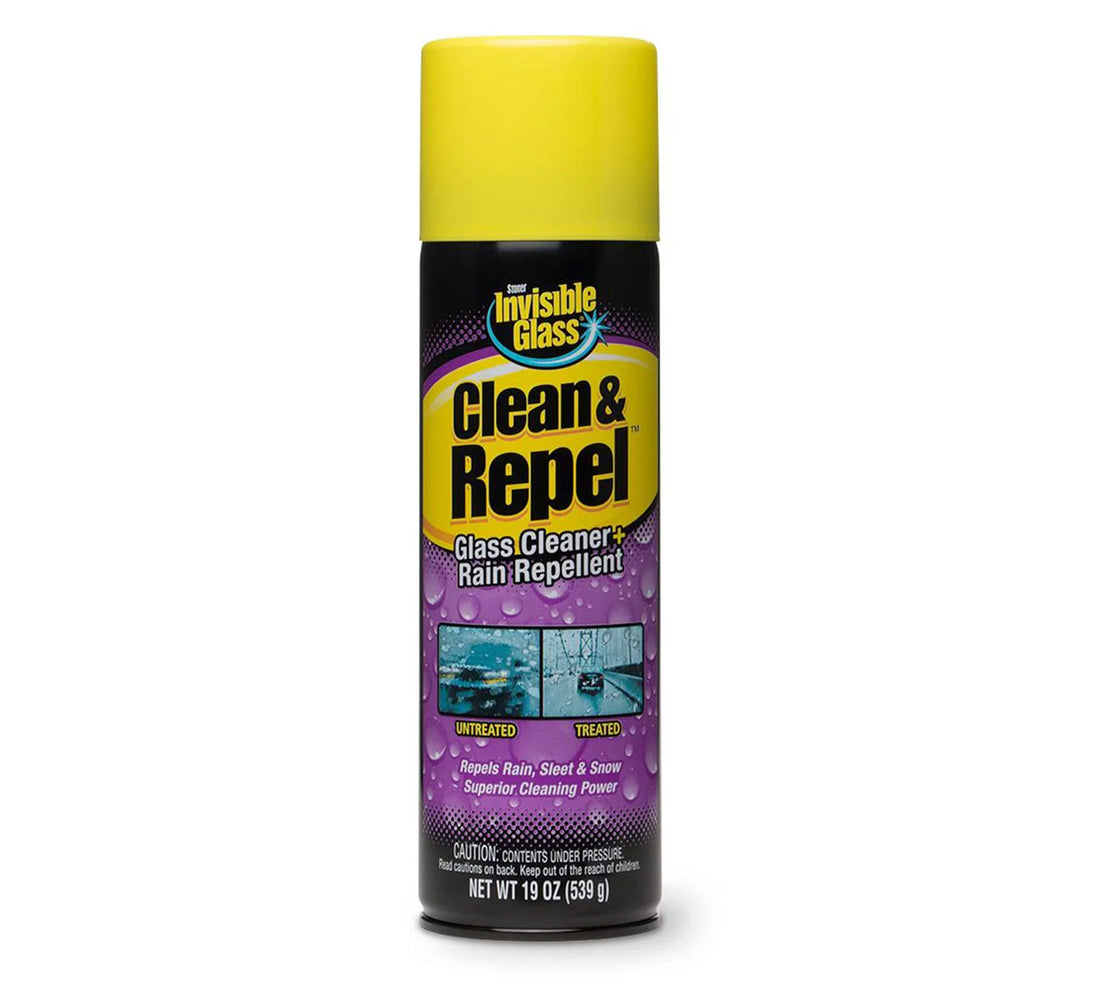 Stoner IG Clean Repel Aerosol 19oz glass cleaner and rain repellent spray can with yellow cap