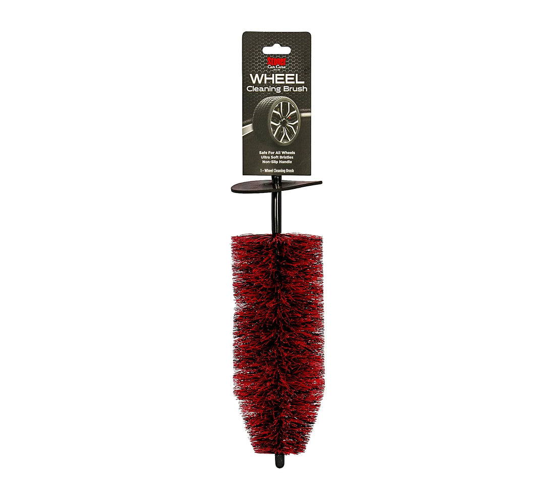 Stoner Wheel Cleaning Brush with red and black bristles, ergonomic handle, and protective tip for safe, effective wheel cleaning